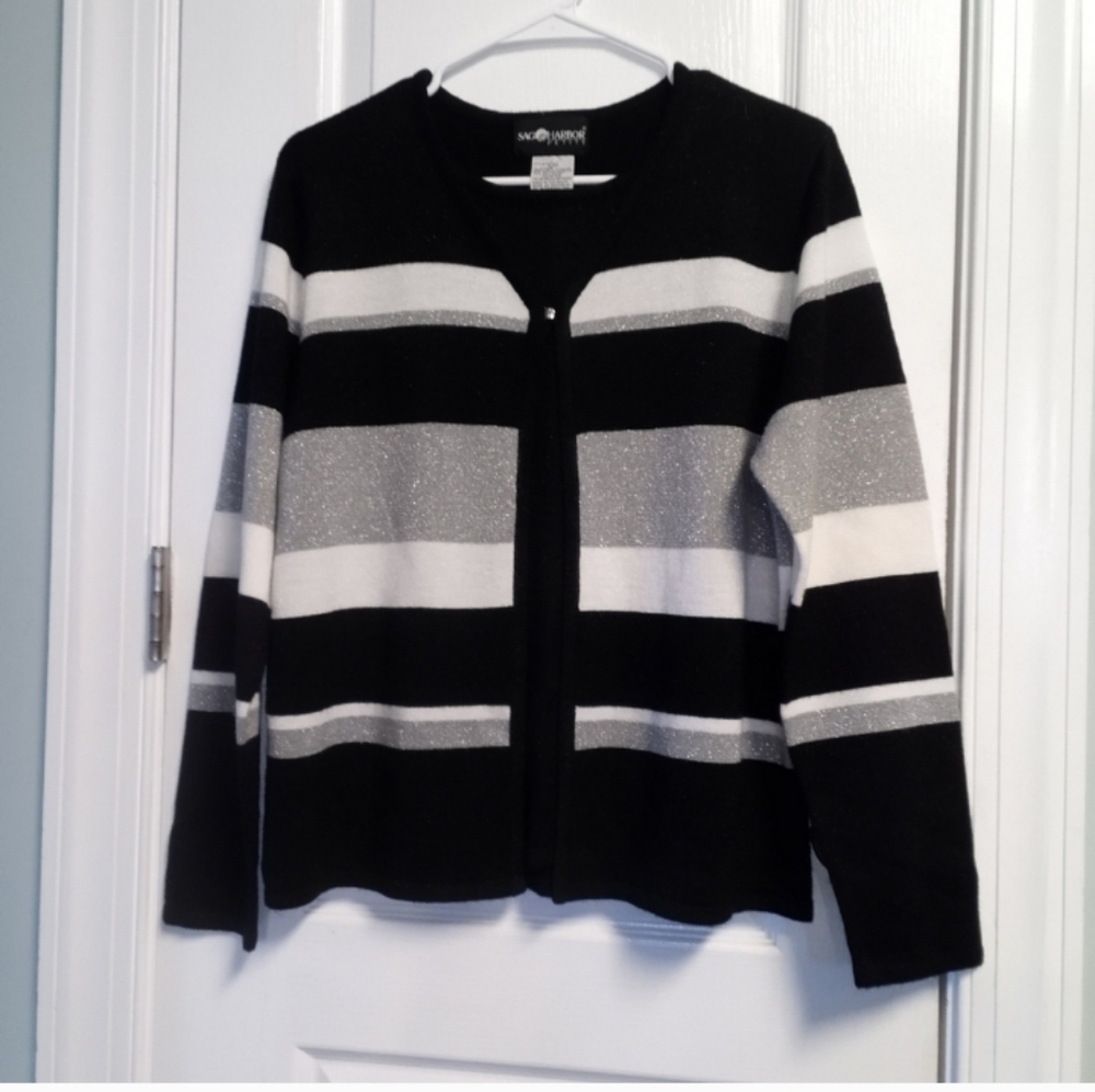 Sag Harbor PL Black Cream Silver Striped Sweater Sparkles Long Sleeve EUC